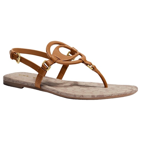 Coach Shoes - COACH Jeri Logo Brown Leather Flat Sandals 9